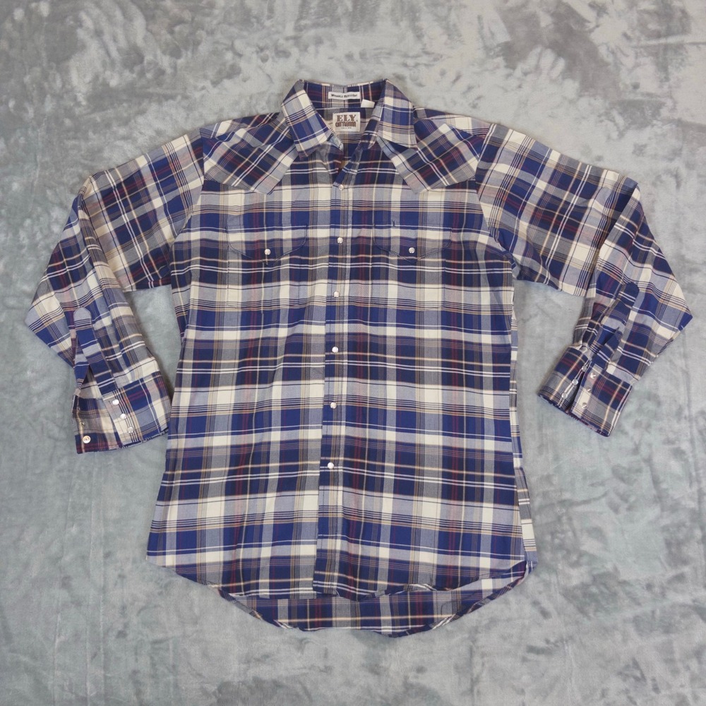 Ely Cattleman Western Shirt Mens Medium Blue Plaid Pearl Snap Long Sleeve Shirt